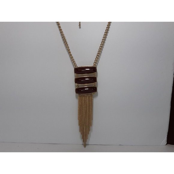 Goldtoned Womans Costume Brown Cabachon Necklace With Fringe - Picture 2 of 5